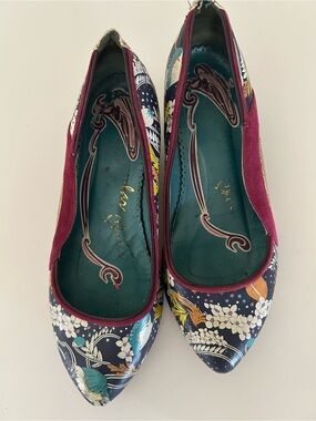 Irregular Choice Navy Floral Flats with Teal Interior and Burgundy Trim
